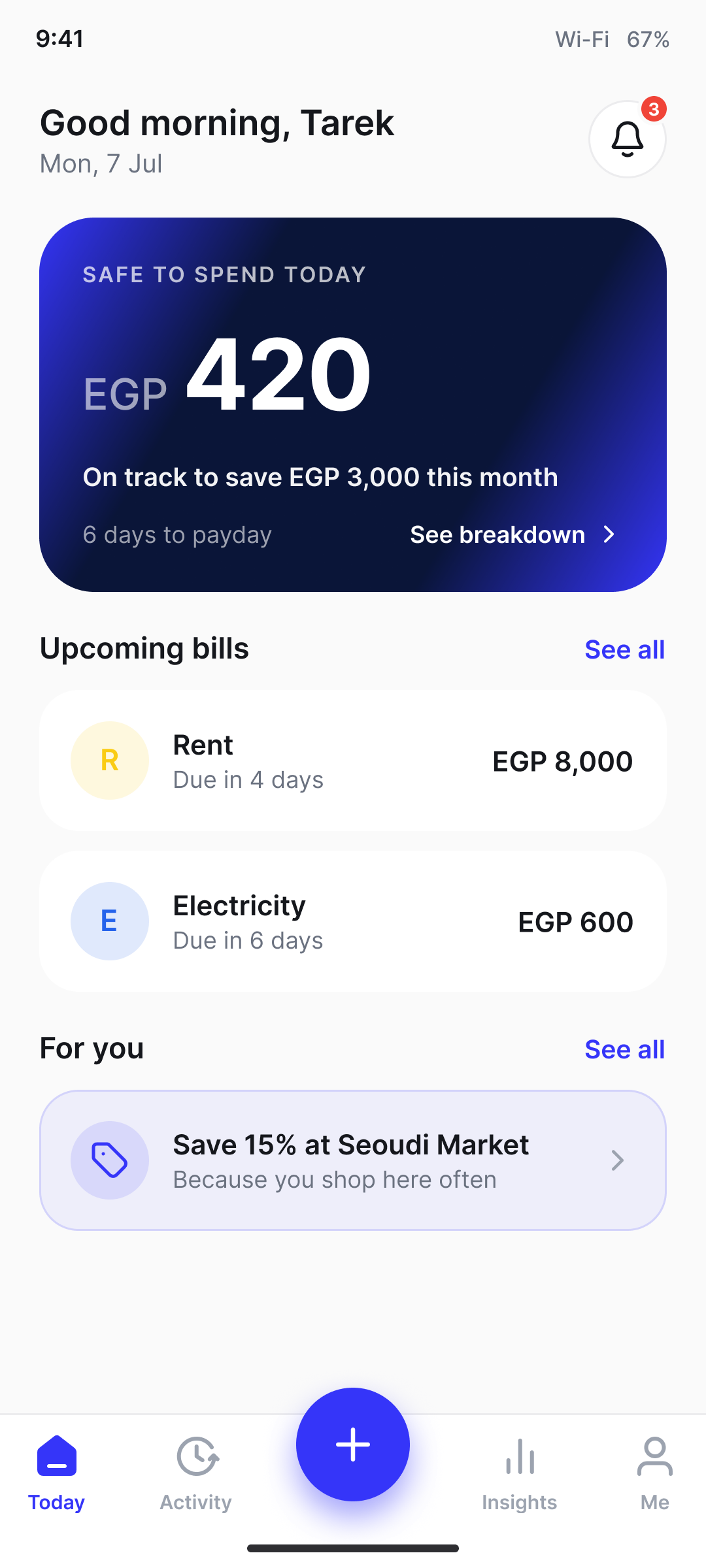 The deben app showing a Safe to spend today figure with upcoming bills
