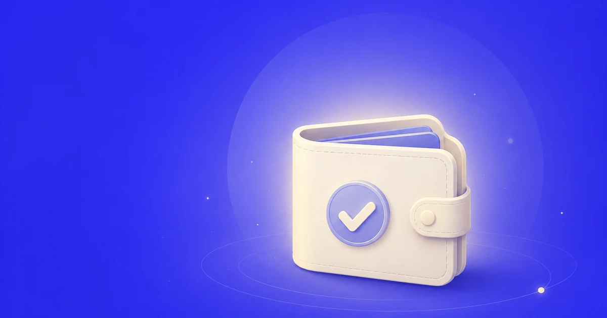 A soft 3D wallet with a check mark, deben brand illustration