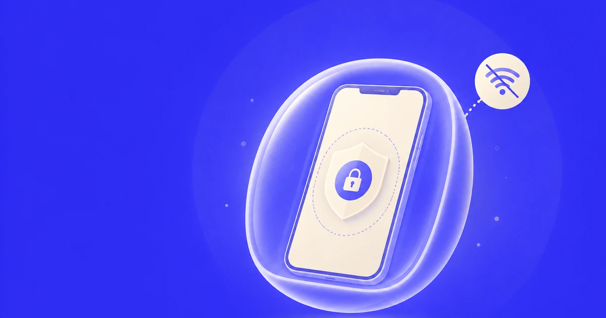 A phone protected in a bubble with a crossed-out wifi symbol, deben brand illustration